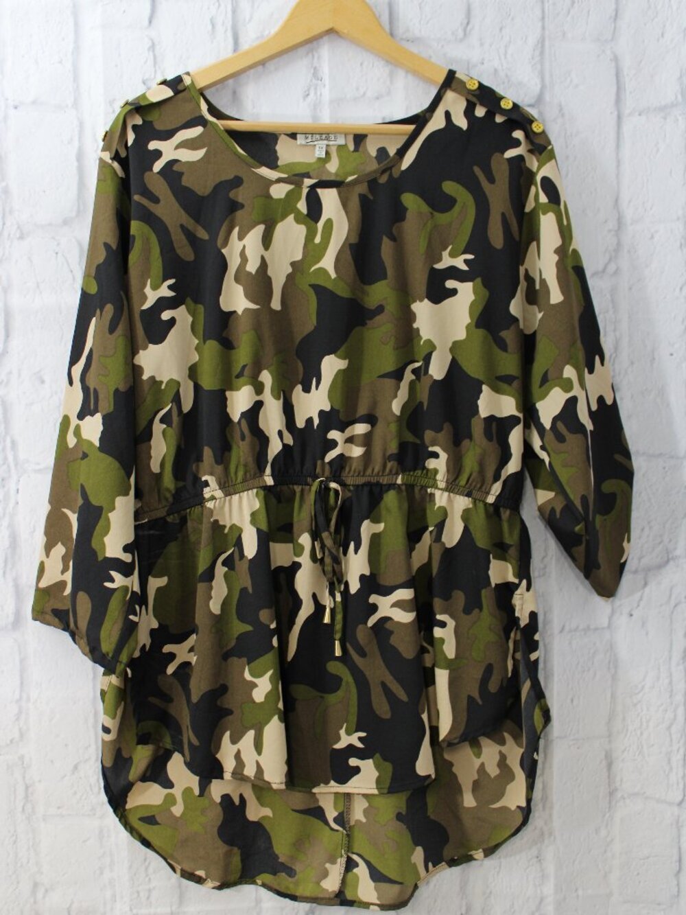 Mileage 1X Green Camo Round Neck Cinched Waist Button Detail Blouse